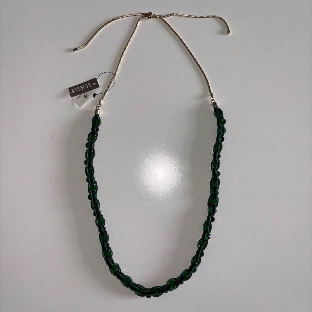 Chicos Green Velvet Ribbon & Gemstone Adjustable Necklace New Gold Tone Hardware